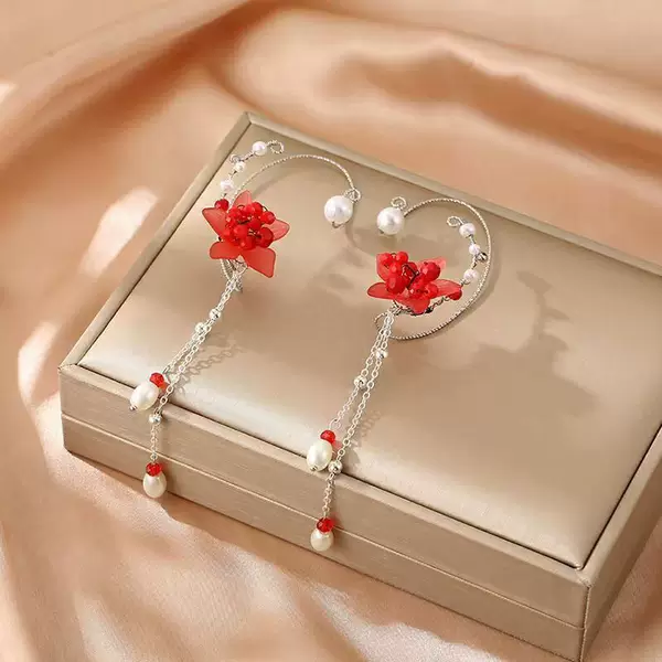 Forest-style floral children's non-pierced ear clips, 2026 spring-summer new model, tassel ear cuffs, Hanfu travel accessories for girls, long style
