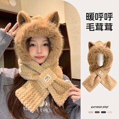 キツネ耳ぬいぐるみ帽子女性の秋と冬のスカーフオールインワン暖かいプラスベルベットサイクリングスカーフかわいい防寒耳保護