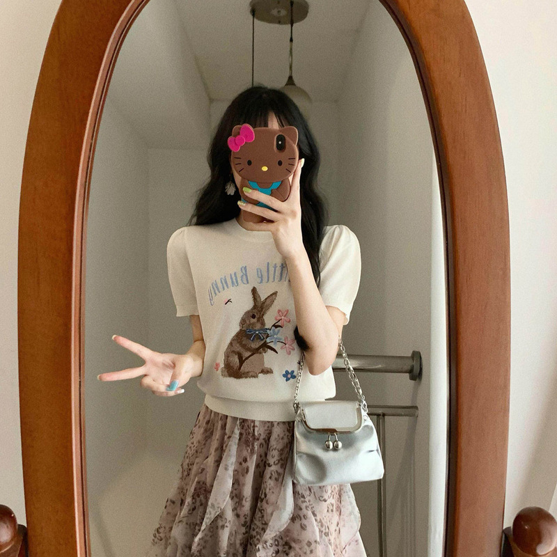 New Product 2026 Summer Versatile New Cute Bunny Jacquard Embroidered Puff Sleeve T-Shirt Right Shoulder Knit Top for Women New Product 2026 Summer Versatile New Cute Bunny Jacquard Embroidered Puff Sleeve T-Shirt Right Shoulder Knit Top for Women