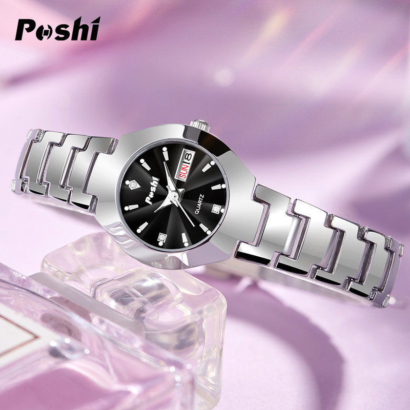 POSHI nuevo reloj de mujer correa de acero casual reloj de cuarzo simple moda doble calendario reloj de mujer