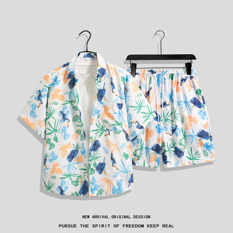 Ice Silk Beach Suit Men's Short-Sleeved Floral Shirt Large Size Loose Hawaiian Quick-Drying Casual Shorts Couple Suit
