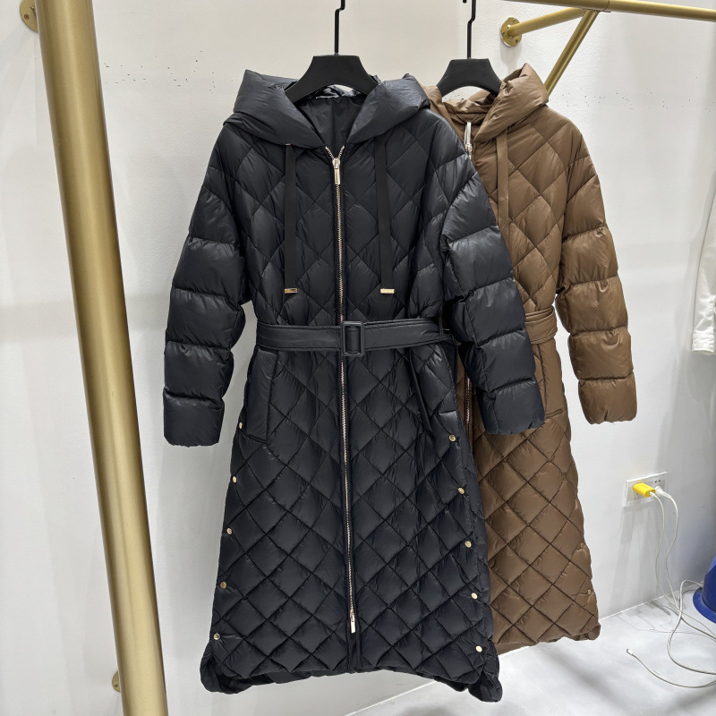 2025 Autumn/Winter New European Style Foreign Trade Diamond Pattern Hooded Belted Long down Jacket for Women, Warm Winter Fashion 2025 Autumn/Winter New European Style Foreign Trade Diamond Pattern Hooded Belted Long down Jacket for Women, Warm Winter Fashion