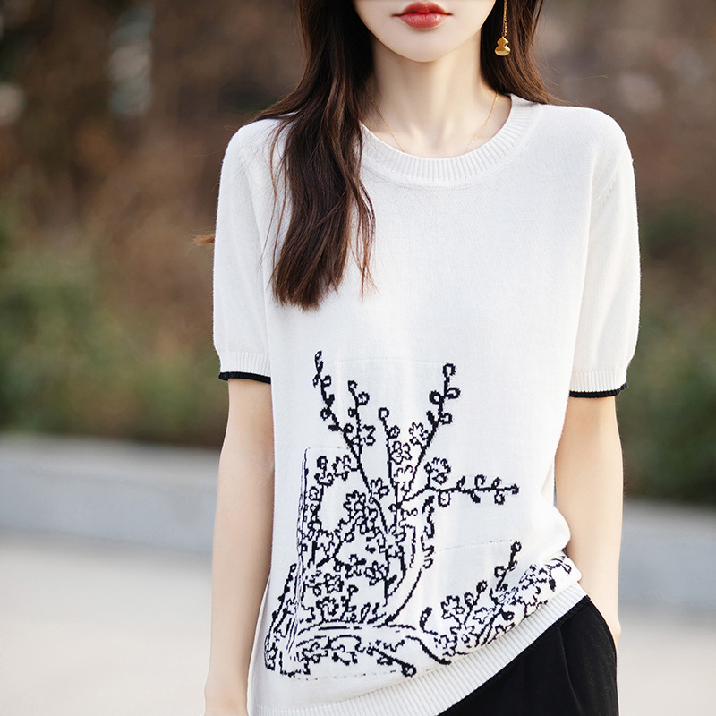 Summer New Pure Cotton Color-Block Embroidered Knit Round Neck Half-Sleeve Top Thin Versatile All-Cotton Short-Sleeve T-Shirt