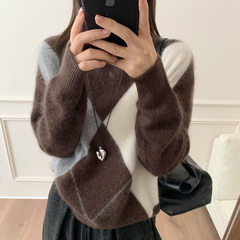 25秋冬季女装羊毛衫韩系风复古菱格轻奢时尚羊绒拉毛针织套头毛衣