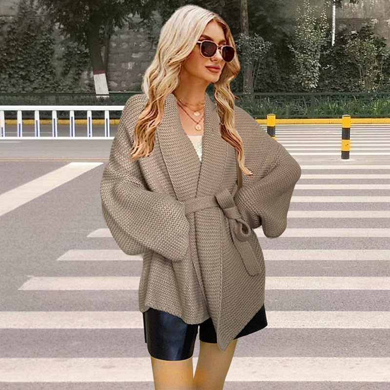 European and American Export Large Size French V Neck Sweater Amazon New Outwear Waist Strap Thick Knitted Cardigan for Women