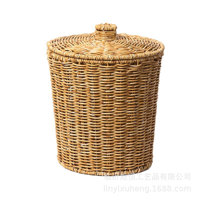 imitación de caña tejida a mano cubo de almacenamiento de escritorio retro canasta de almacenamiento de sala de estar de oficina canasta de almacenamiento con cubierta de almacenamiento