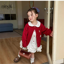 柠里童装2025秋季新款女童刺绣针织开衫外套棉娃娃领衬衫连衣裙子