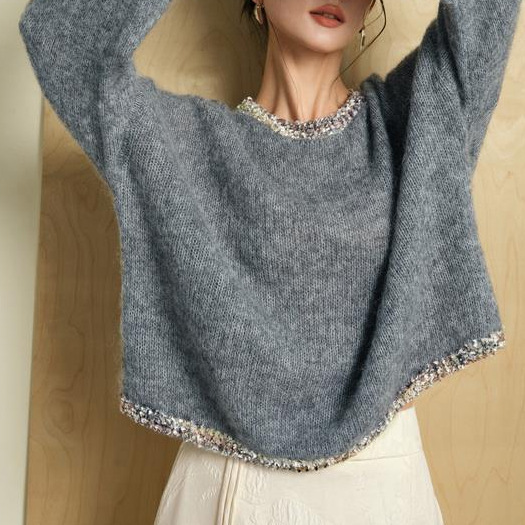 Glazed Colorful Butterfly Yarn Elegant Crewneck Fluffy Soft Knitted Pullover Sweater for Women Glazed Colorful Butterfly Yarn Elegant Crewneck Fluffy Soft Knitted Pullover Sweater for Women
