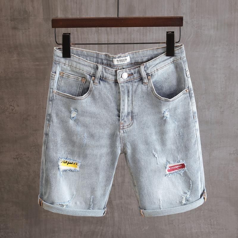 Summer thin blue embroidered denim men's versatile, perforated straight leg cropped shorts, loose elastic shorts_voghion.com