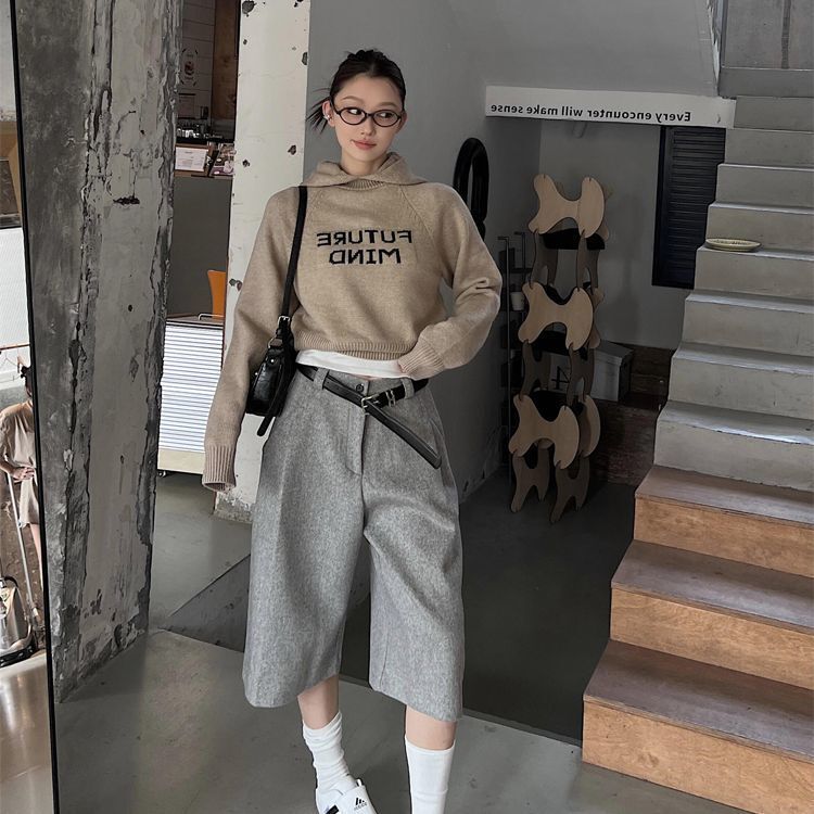 2025 Autumn and Winter New Retro Versatile Gray Casual Pants Women's Trendy Wide-Leg Pants High-Waist Slim Straight Cropped Pants