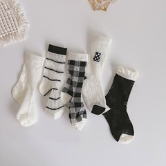 夏季新款網眼簡約風黑白格子條紋小熊兒童襪子男女童短襪水晶絲襪