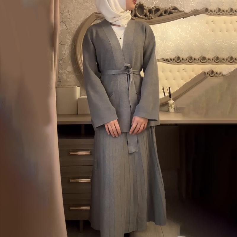 欧美跨境外贸2025春季宽松绑带口袋V领开衫外套舒适半身裙套装女|undefined
