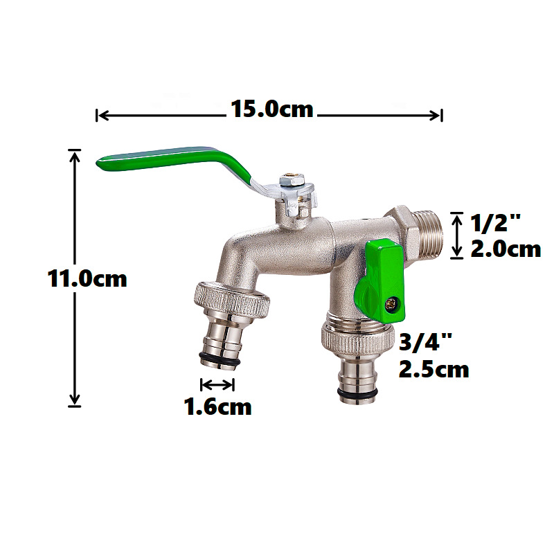 Cross-border exclusive gardening double water outlet zinc alloy faucet, one in and two out double pacifier, belt faucet [green] full figure