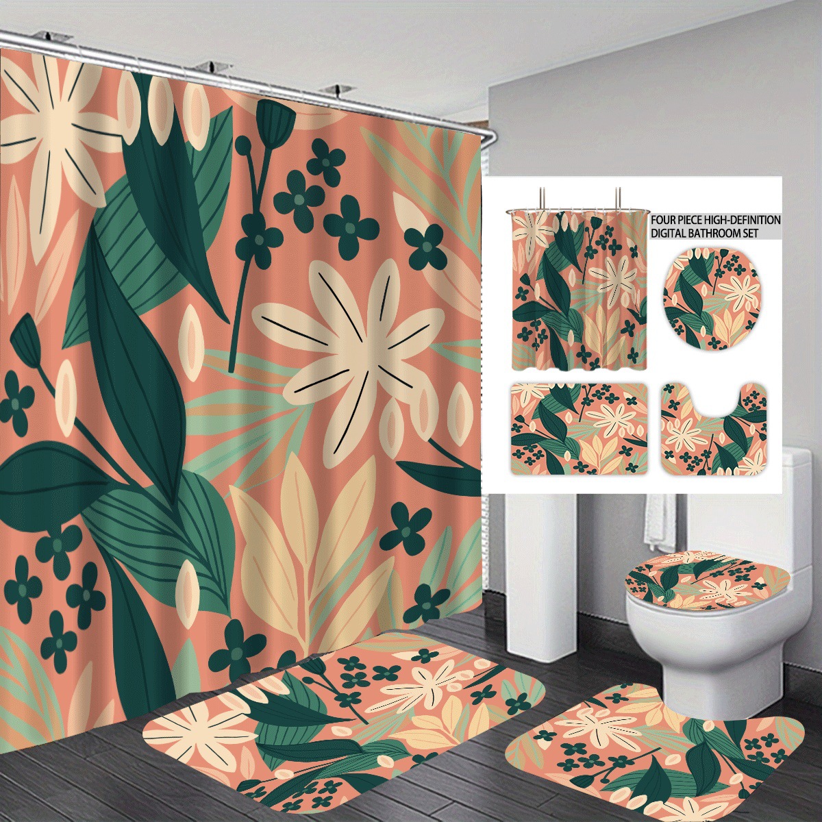 Agente de poliéster Mei Ke más cortina de baño impermeable serie de agua floral 3D impresión digital cortina de baño cuatro piezas alfombra absorbente