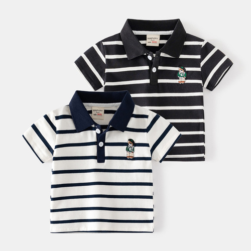 Children's striped polo shirt 2024 new summer wear Korean style children's clothing boys short-sleeved T-shirt baby half-sleeved top trendy