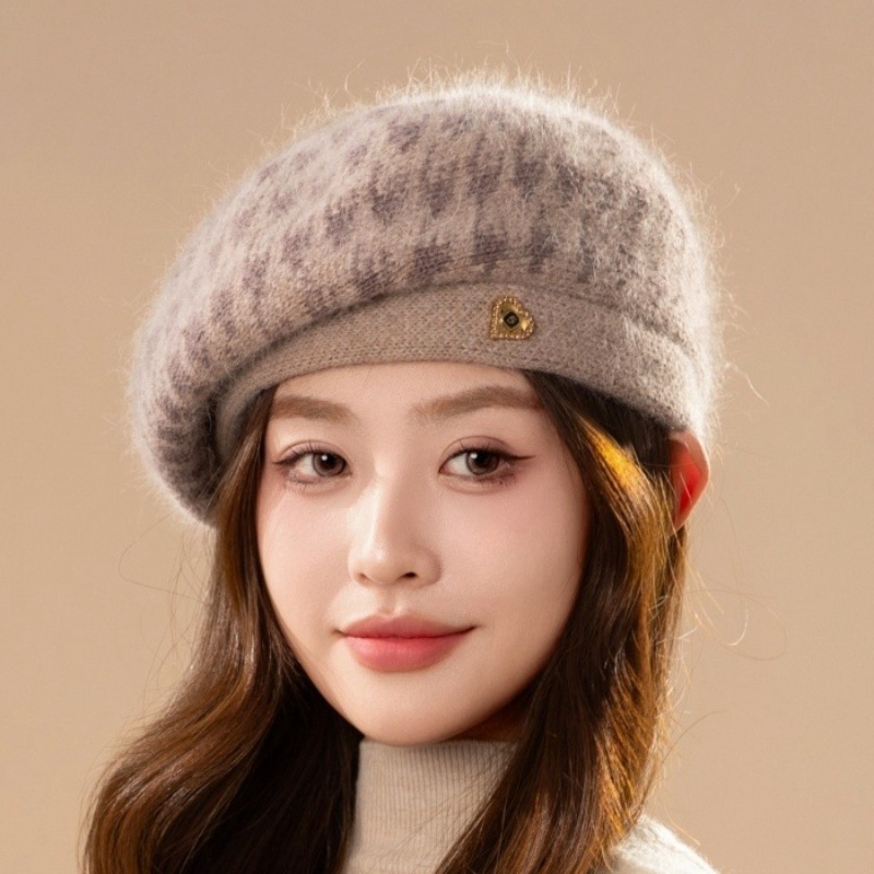 新款时尚贝雷帽女秋冬韩版兔毛帽子围脖二件套冬天加绒保暖毛线帽