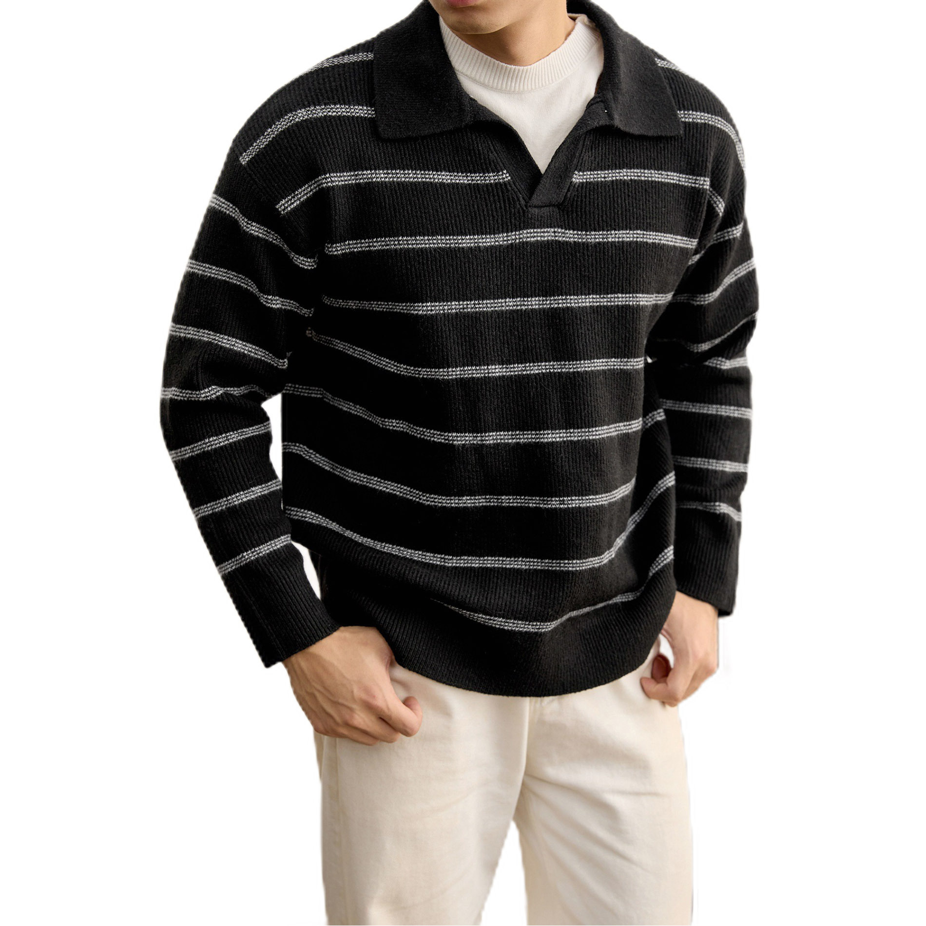 Explosiones transfronterizas de tamaño grande falso de tamaño europeo dos piezas de polo a rayas suéter de punto hombre viejo viento de fábrica de cuello V al por mayor