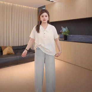 plus size Lapel Shoulder Ice Silk Knitted Shirt Top Women's 2025 Summer chubby girl All-match Meat Covering Short-sleeved T-shirt
