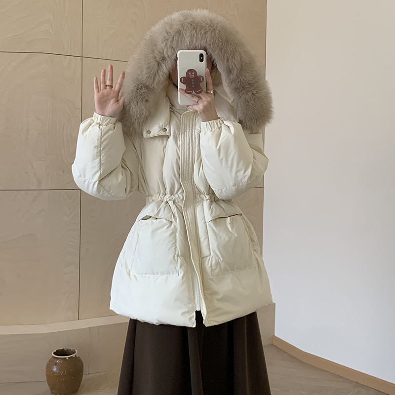 高級韓国風ダウンジャケット レディース ショート丈 2025年冬新作 厚手 フォックスファー襟 ウエストシェイプ 細見え ホワイトダックダウンジャケット