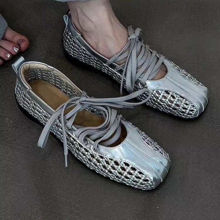 Cowhide Edition ~ Retro Woven Ballet Shoes Women's Fashion Woven Hollow Mary Jane Single Shoes Laughing Small Leather Shoes Women's Fashion