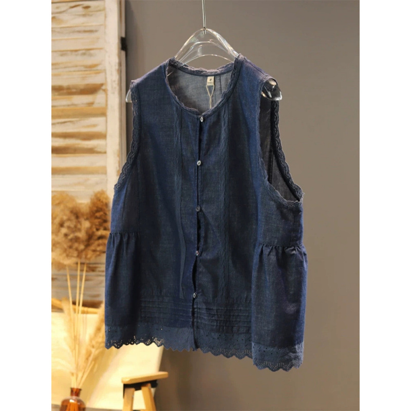 2026 Summer New Product Loose-Fitting Slimming Denim Solid Color Vest with Elegant Pleats and Sleeveless Layered Vest for Women