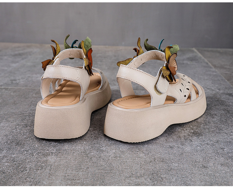 Sandal nữ hở mũi đế bệt da bò thật quai mảnh thủ công hoa — Màu trắng be chi tiết 15