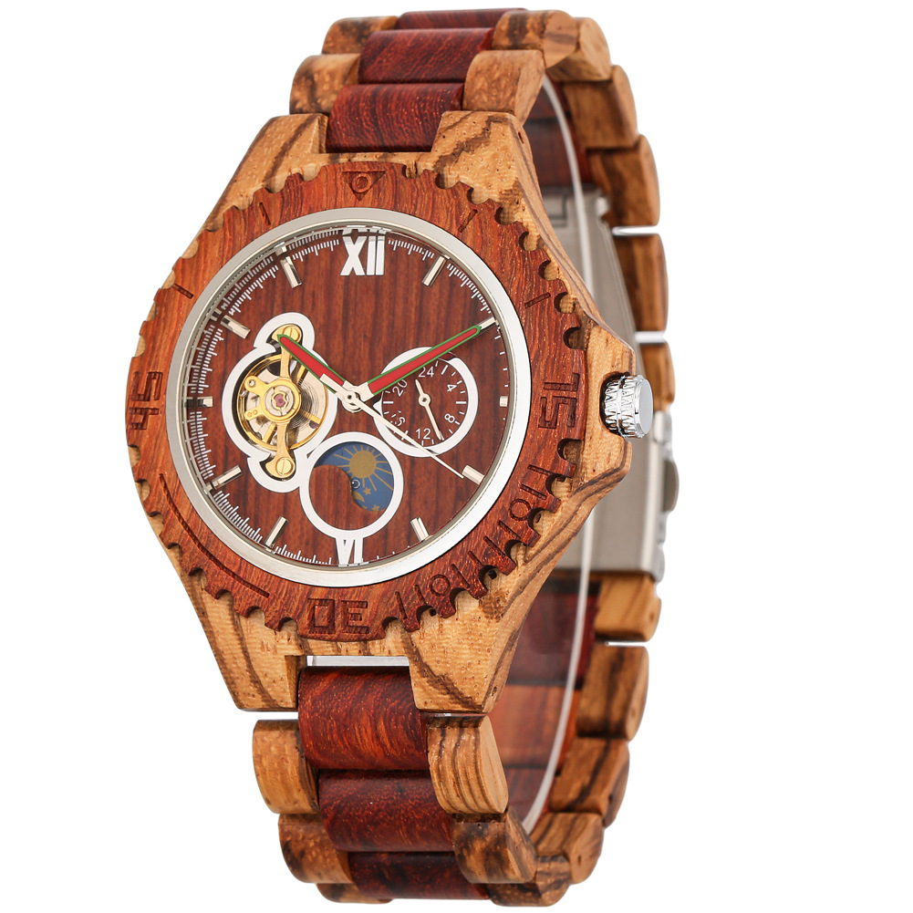 Hot-Selling New Wooden Automatic Mechanical Watch, Zebra Wood With Red Sandalwood, Hollowed-Out Design Featuring Sun,_voghion.com