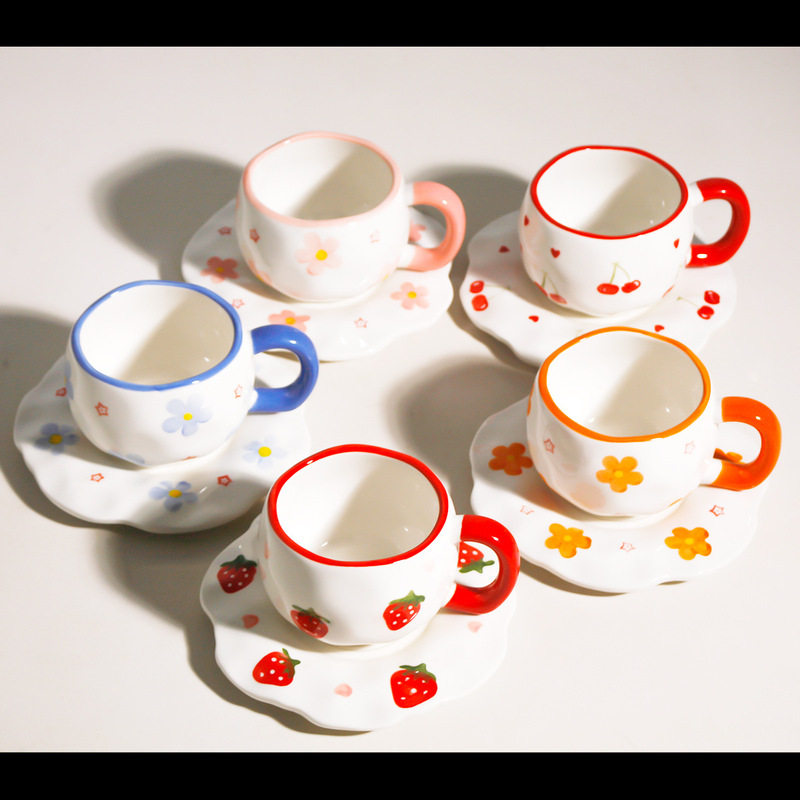 Hand-Painted Cute and Fresh Style Coffee Cup and Saucer Set, Popular Creative Ceramic Cup and Saucer, Irregular Cup Hand-Painted Cute and Fresh Style Coffee Cup and Saucer Set, Popular Creative Ceramic Cup and Saucer, Irregular Cup