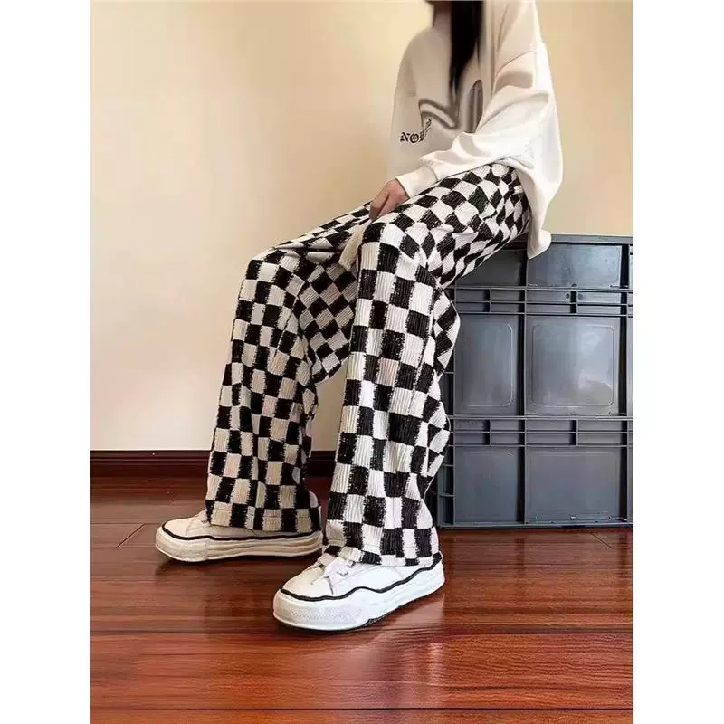 Широкие брюки в клетку для мужчин и женщин, свободные и драпированные, утягивающие, летние тонкие прямые брюки, повседневные длинные брюки в клетку с высокой талией, в гонконгском стиле.