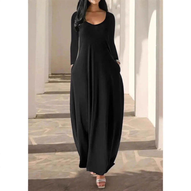 2021 European and American Summer New Style Amazon Best-Selling Plus-Size Women's Solid Color Deep V-Neck Short-Sleeve Long Dress with Pockets