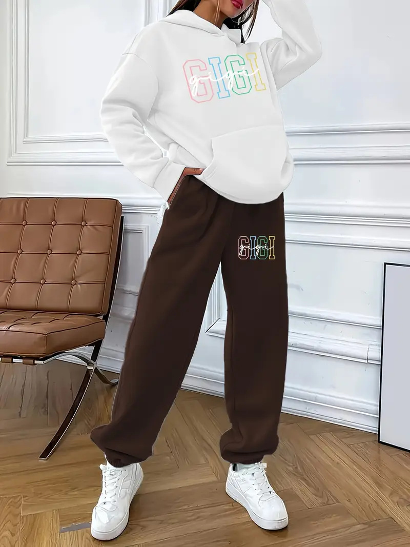 Conjunto de sudadera y pantalón informal con estampado de Gigi para mujer en blanco, marrón, verde y naranja (S-XXL)_voghion.com