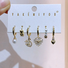 欧美轻奢时尚锆石爱心天鹅耳环耳扣6件套装 小众设计厂家批发跨境