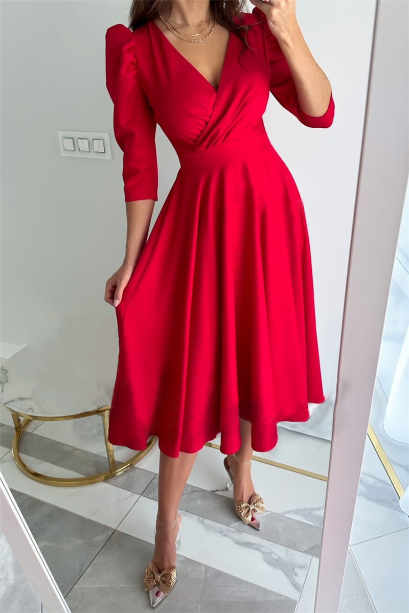 Wholesale Women's Casual Elegant Pleated Solid Color Holiday Daily V Neck 3/4 Length Sleeve Sheath Dress display picture 12