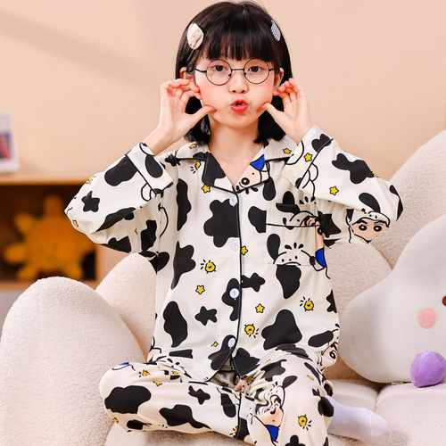 Spring and Autumn Children's Pajamas Girls Lapel Cardigan Cute Cartoon Sweet Loose Thin Home Clothes for Small, Medium and Large Children