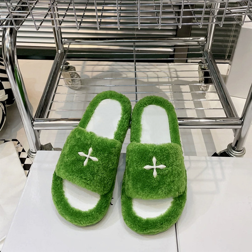 Cross-Strap Plush Shoes for Women -  New Model Heel Lift Outerwear Flat Sole Home Black Lamb Wool Fleece One-Sided Slippers