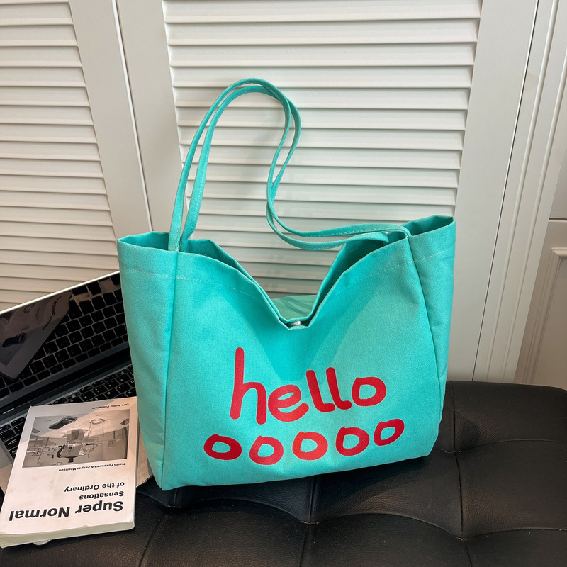 Dopamine Color-Blocking Shoulder Bag, Large Capacity, Korean Style Casual Versatile Canvas Bag, Large Letter Design, Shopping Tote
