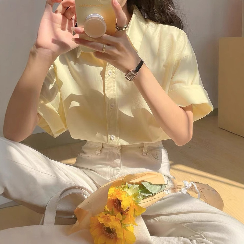 Short-Sleeved Shirt for Women, Milky Yellow, 2025 Summer New Chic French Milky Sweet Top Design Niche Shirt