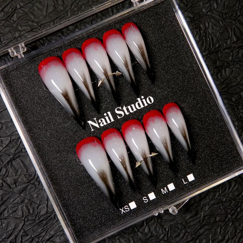 Handmade Gradient Red and Black Pointed-Shaped Wearable Nails with White Base Color, Dark Style Metal Rivets, Long Design, Finished Product, Detachable Handmade Gradient Red and Black Pointed-Shaped Wearable Nails with White Base Color, Dark Style Metal Rivets, Long Design, Finished Product, Detachable
