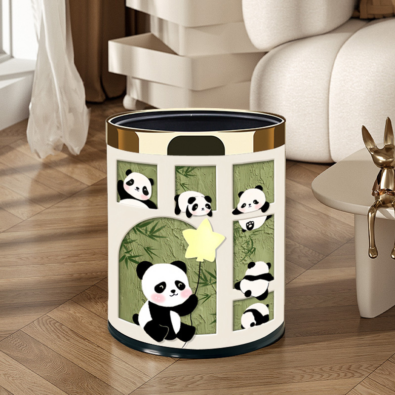 Simple Modern Panda Household Trash Can Cream Style Cartoon Cute Animal Storage Bucket Kitchen Bedroom Trash Trendy