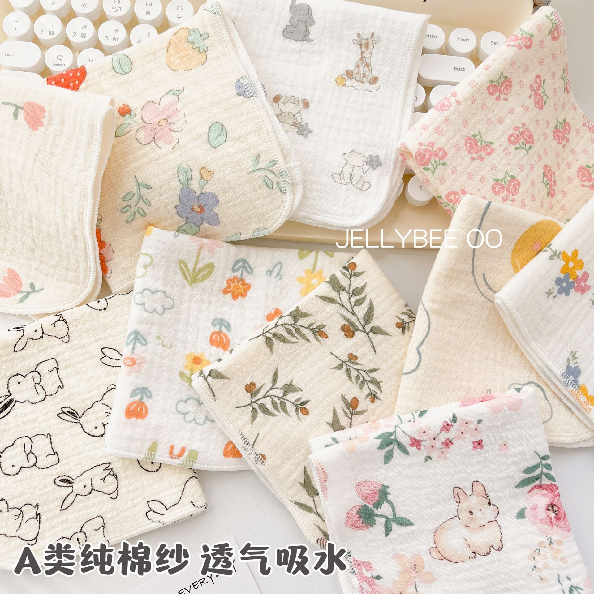 Children's Small Square Scarf Pure Cotton Gauze Baby's Slippery Towel Floral Cute Handkerchief Soft Absorbent Baby Face Towel ins