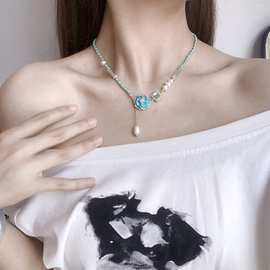 花朵吊坠滴油淡水珍珠项链女甜美小清新锁骨链超仙轻奢高级感项饰