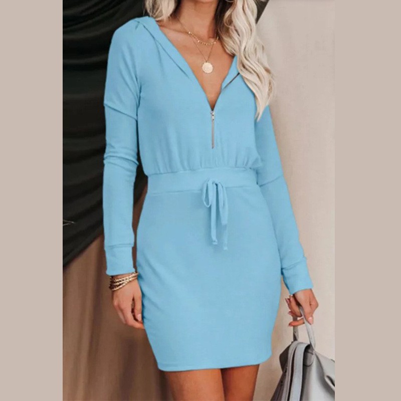Women's Trendy Solid Color Dress Zip Front Long Sleeve Hoodie Style Waist‑Cinched Casual Daily Wear_ecoleips.com