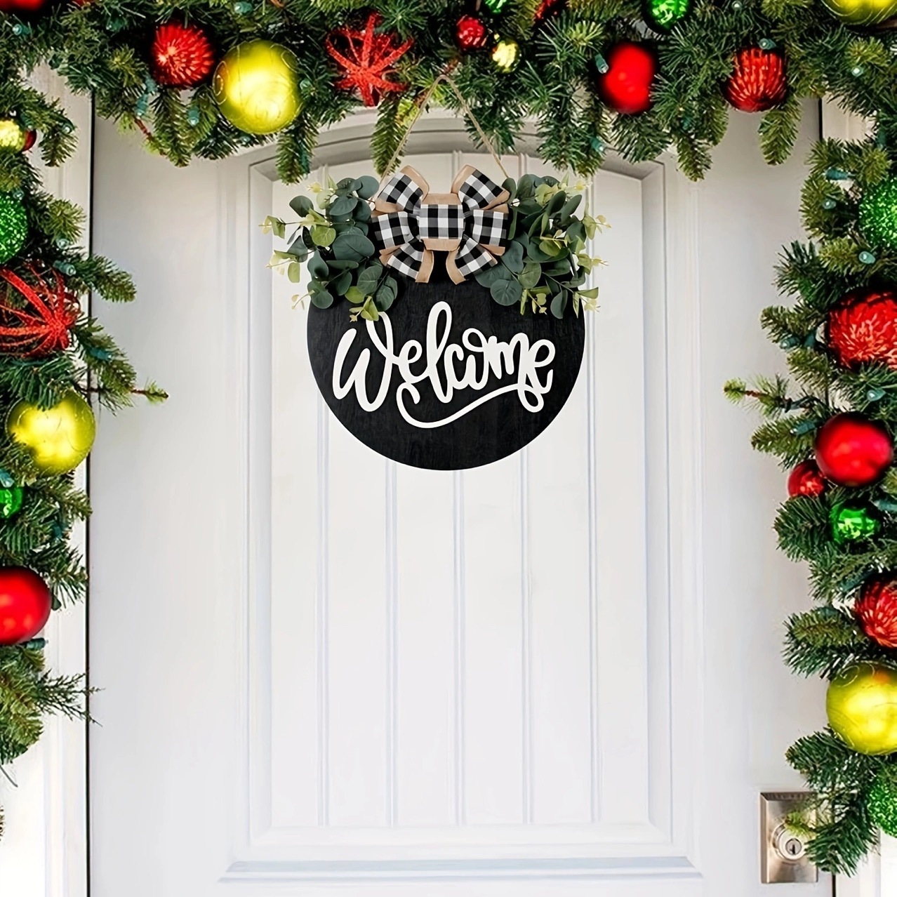puerta de bienvenida negra puerta delantera bienvenida logotipo porche de granja decoración de puerta delantera bienvenida corolla colgante de madera redonda