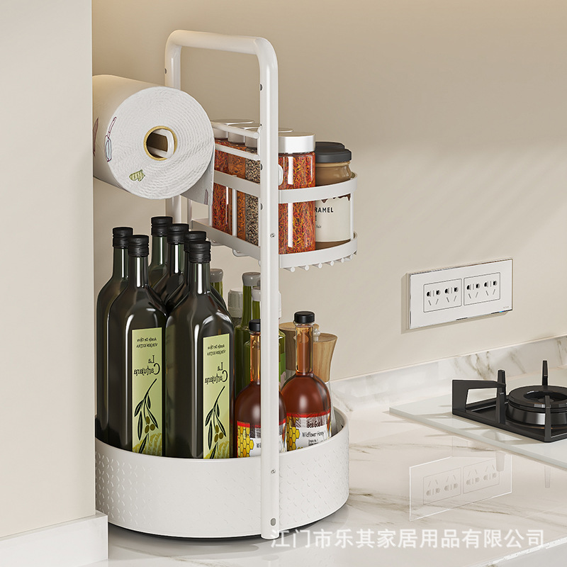 El estante de condimentos de cocina se puede girar en la esquina de la encimera para colocar condimentos, estante para botellas y latas, caja de almacenamiento para rollos de tela
