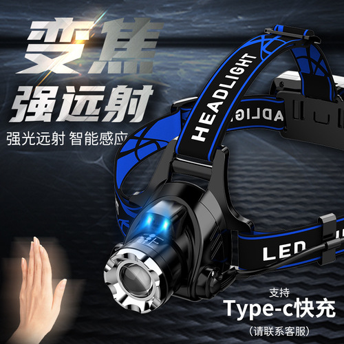 Cross-border outdoor fishing headlamp LED telescopic zoom purple light sensing searchlight T6 strong light yellow white blue light headlamp