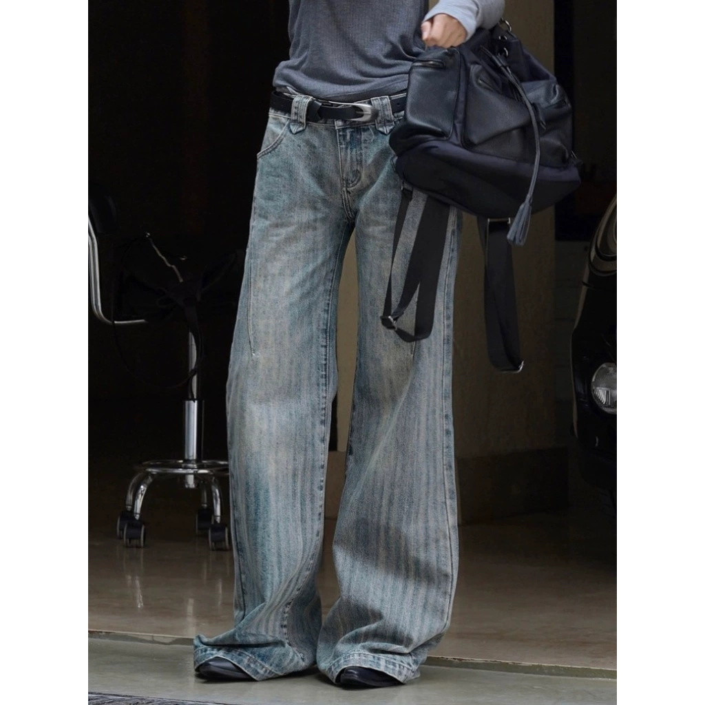 Лу Фу Весенние новые американские ретро-джинсы в старые полоски с низкой талией и роговыми джинсами узкие женские брюки