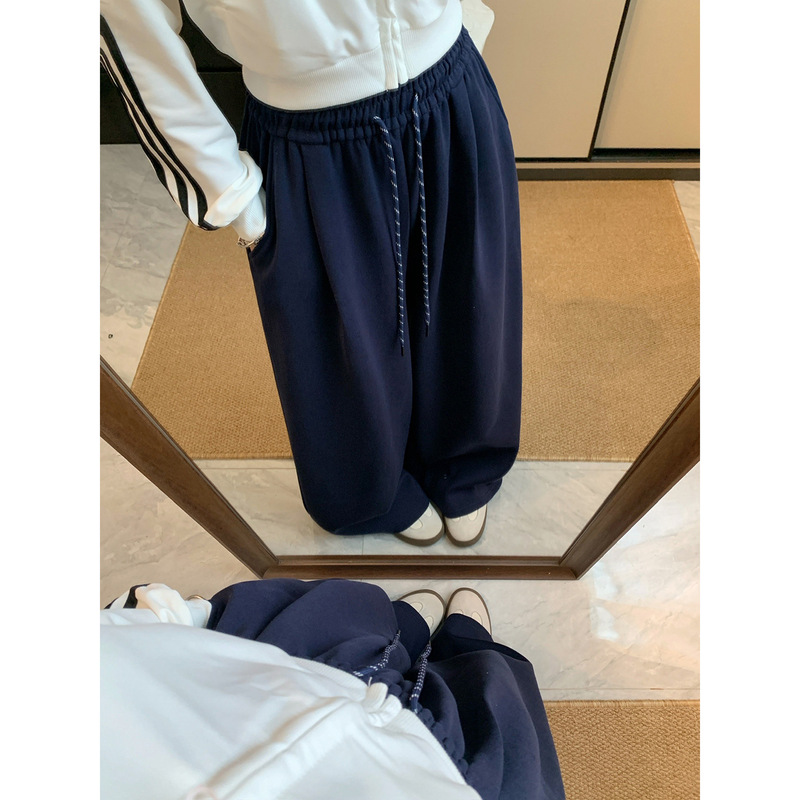韩系设计感高腰抽绳阔腿裤2025秋季新款垂感直筒休闲裤女拖地裤子|undefined