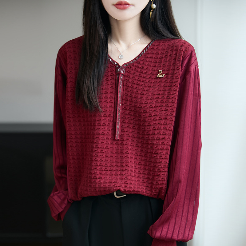 2025新款针织上衣飘带雪纺拼接长袖t恤女春秋宽松大码V领假两件套|undefined