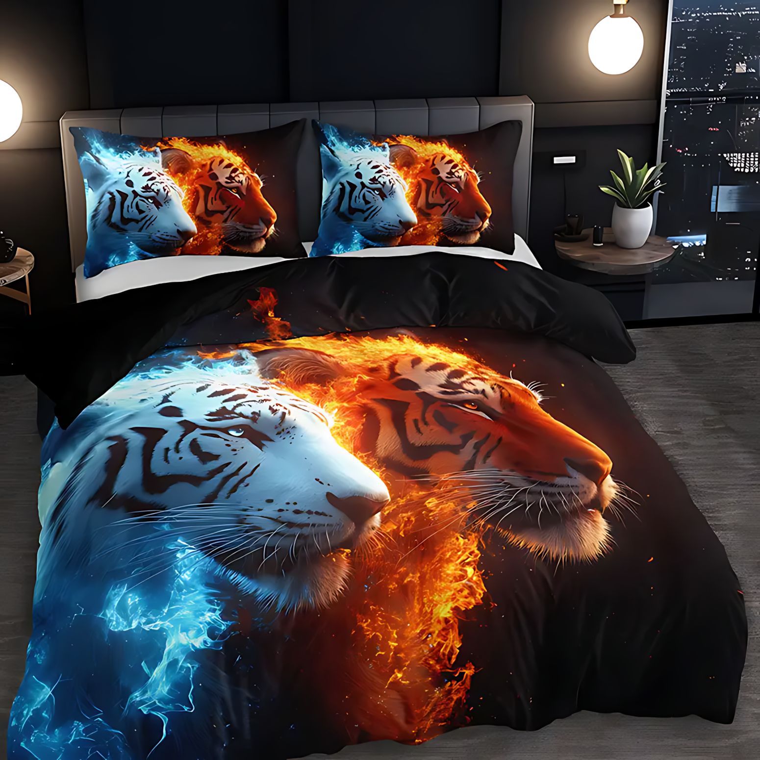 TEMU / JIT Nuevo producto transfronterizo Flame Tiger casa abrasión colcha de cama cubierta de almohada conjunto de ropa de cama para diseñar