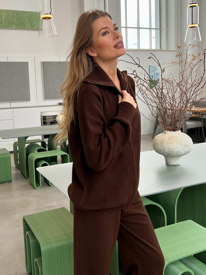 Bộ áo cardigan dệt kim khóa kéo phối quần dài ống rộng nữ — màu bột yến mạch, màu nâu, màu xám, trắng chi tiết 58